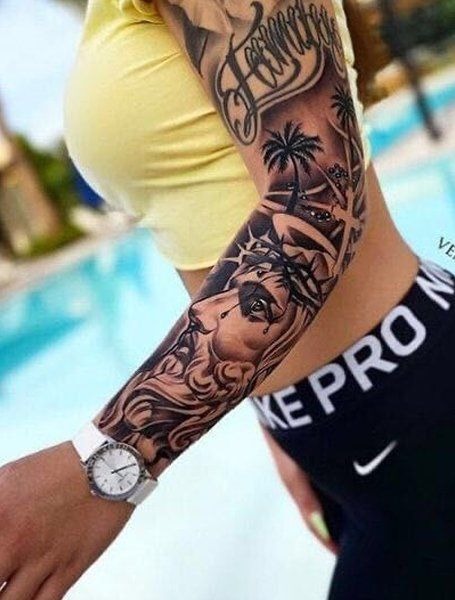 Tropical Religious “Family” Logo Jesus Sleeve Tattoo Tattoo Design