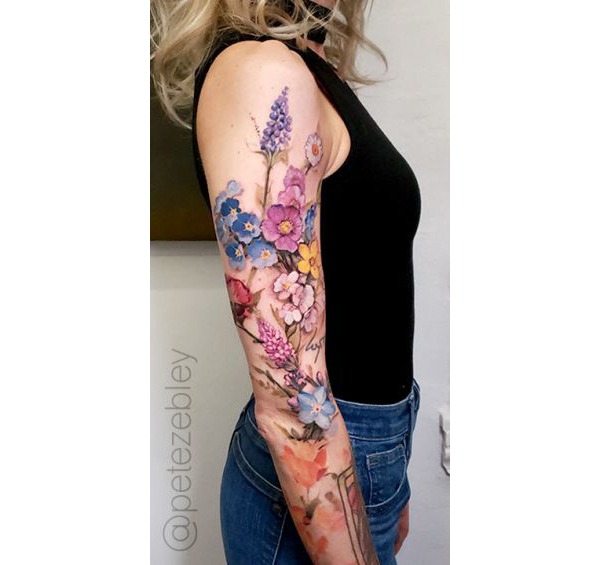 Watercolor Arm Length Bouquet Sleeve Tattoo Tattoo Design