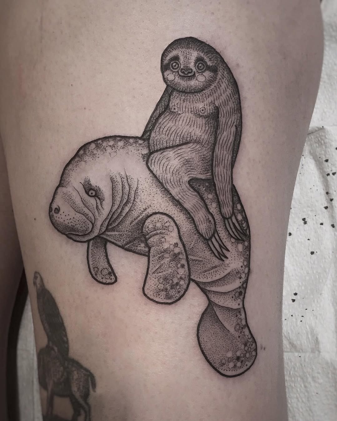 Adorable sloth tattoo riding a manatee Tattoo Design