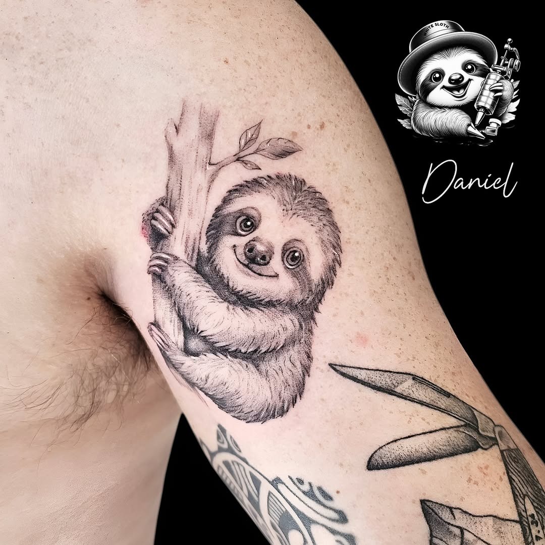 Adorable sloth tattoo with a tree branch Tattoo Design