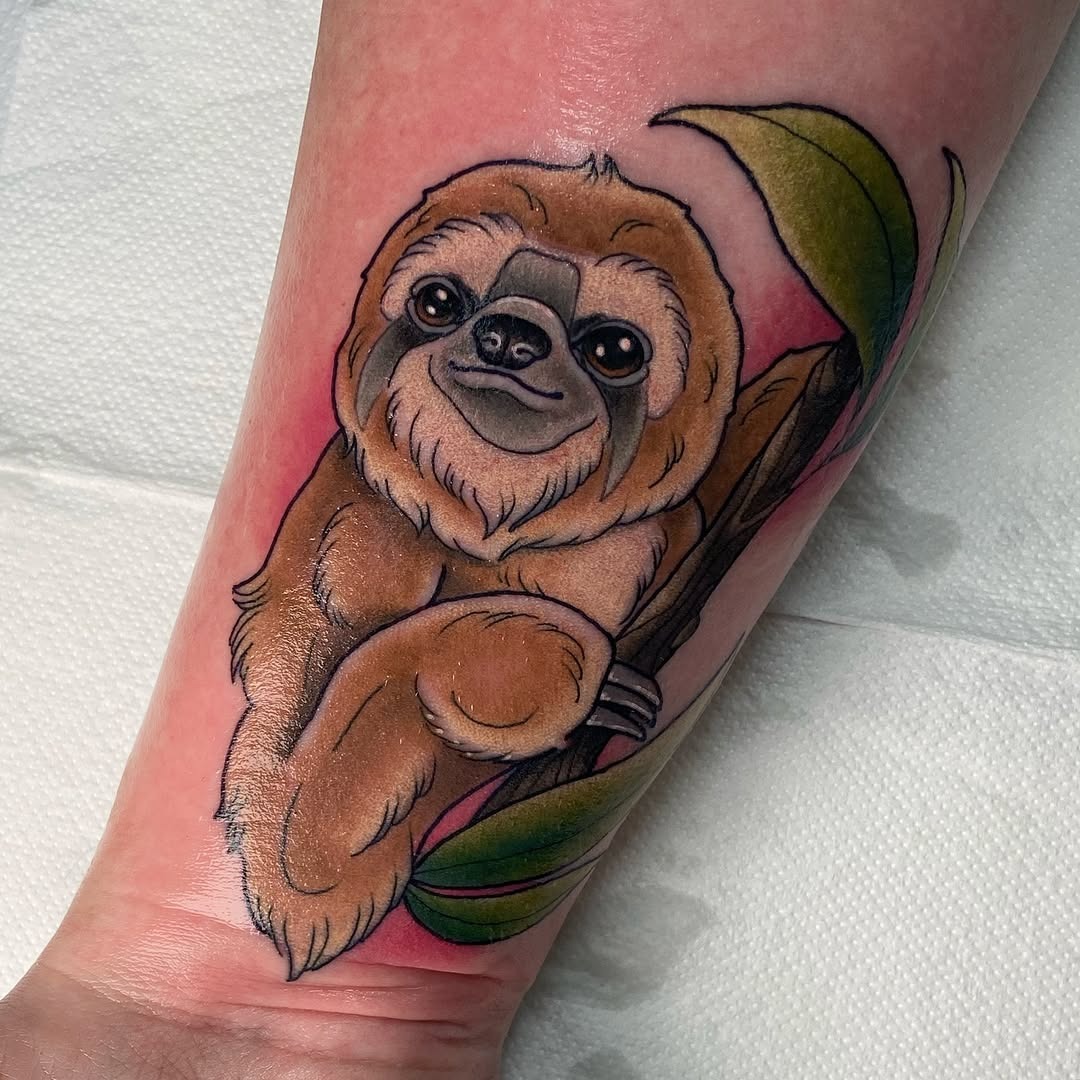 Adorable sloth tattoo with vibrant colors Tattoo Design