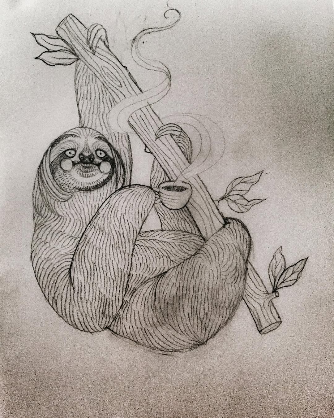 Charming sloth enjoying a cup of coffee Tattoo Design