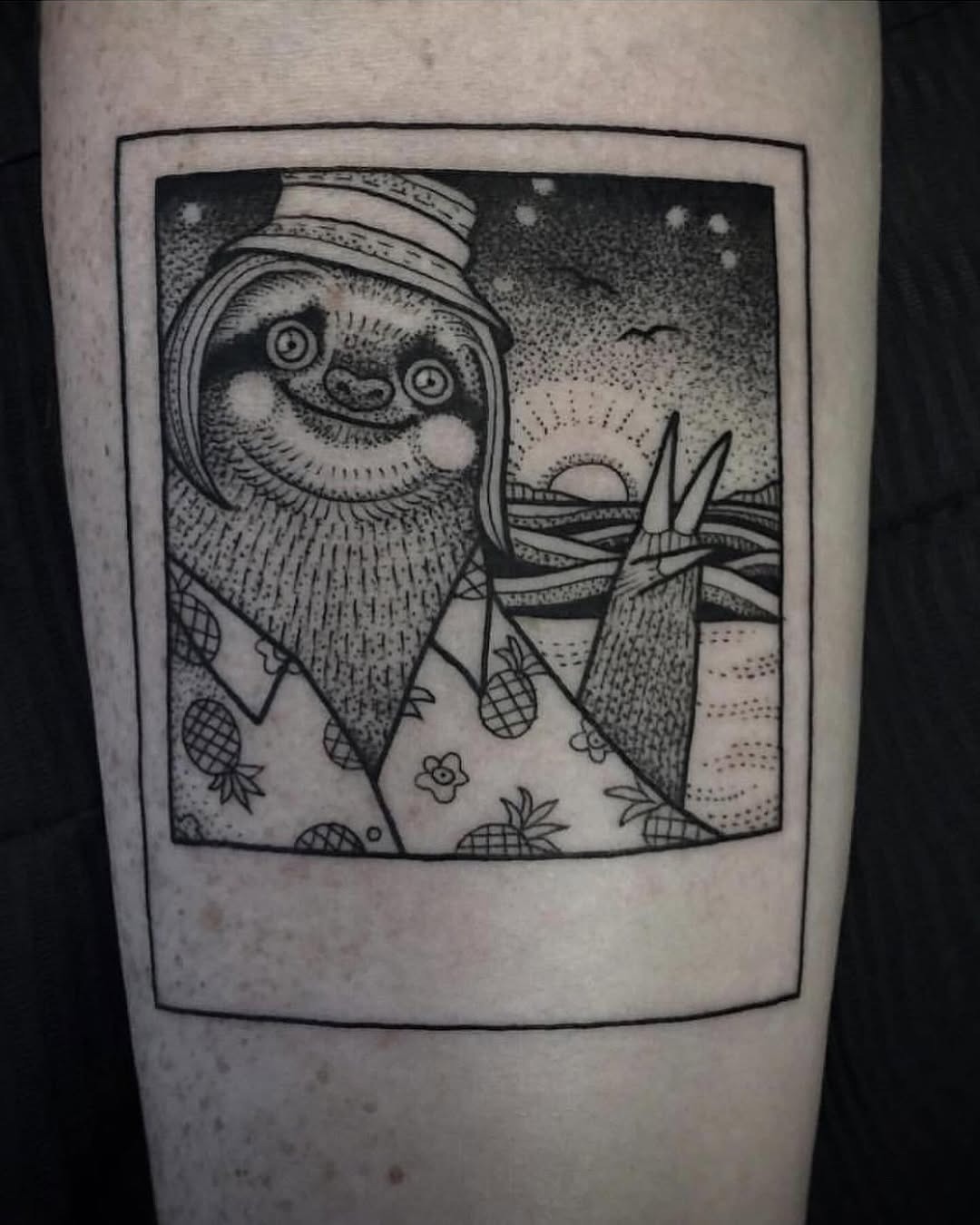 Charming sloth illustration in a polaroid frame Tattoo Design