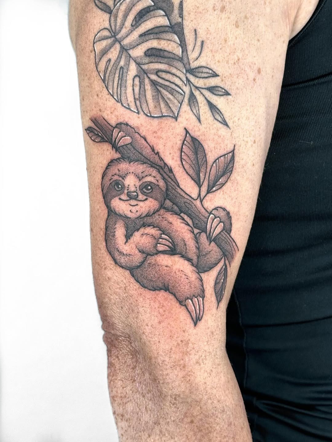 Charming Sloth Tattoo Hanging from Branch Tattoo Design