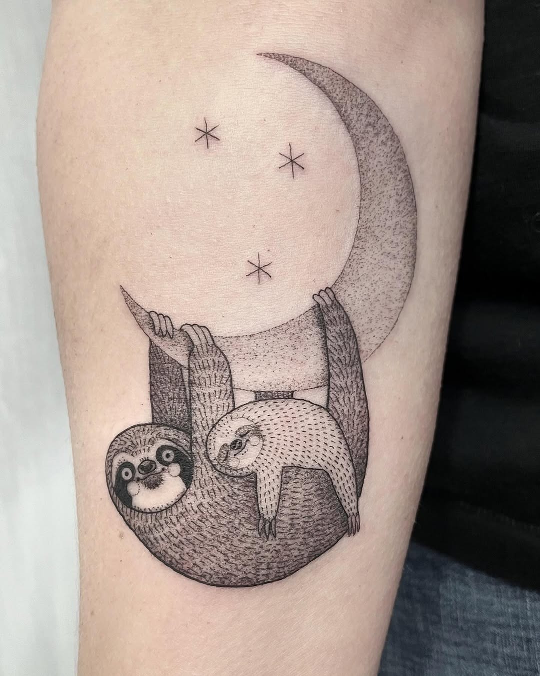 Charming sloth tattoo under a crescent moon Tattoo Design