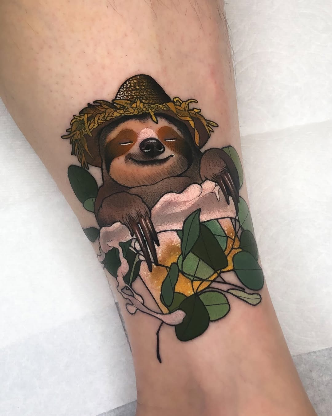 Charming sloth tattoo with a straw hat Tattoo Design