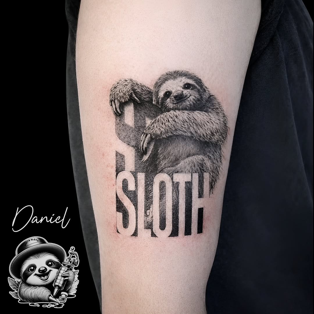 Charming sloth tattoo with bold lettering Tattoo Design
