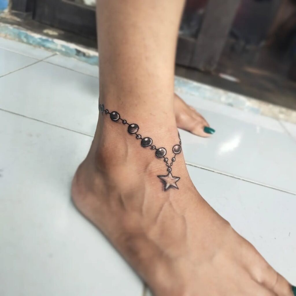 Beaded Anklet Tattoo with Star Pendant Tattoo Design