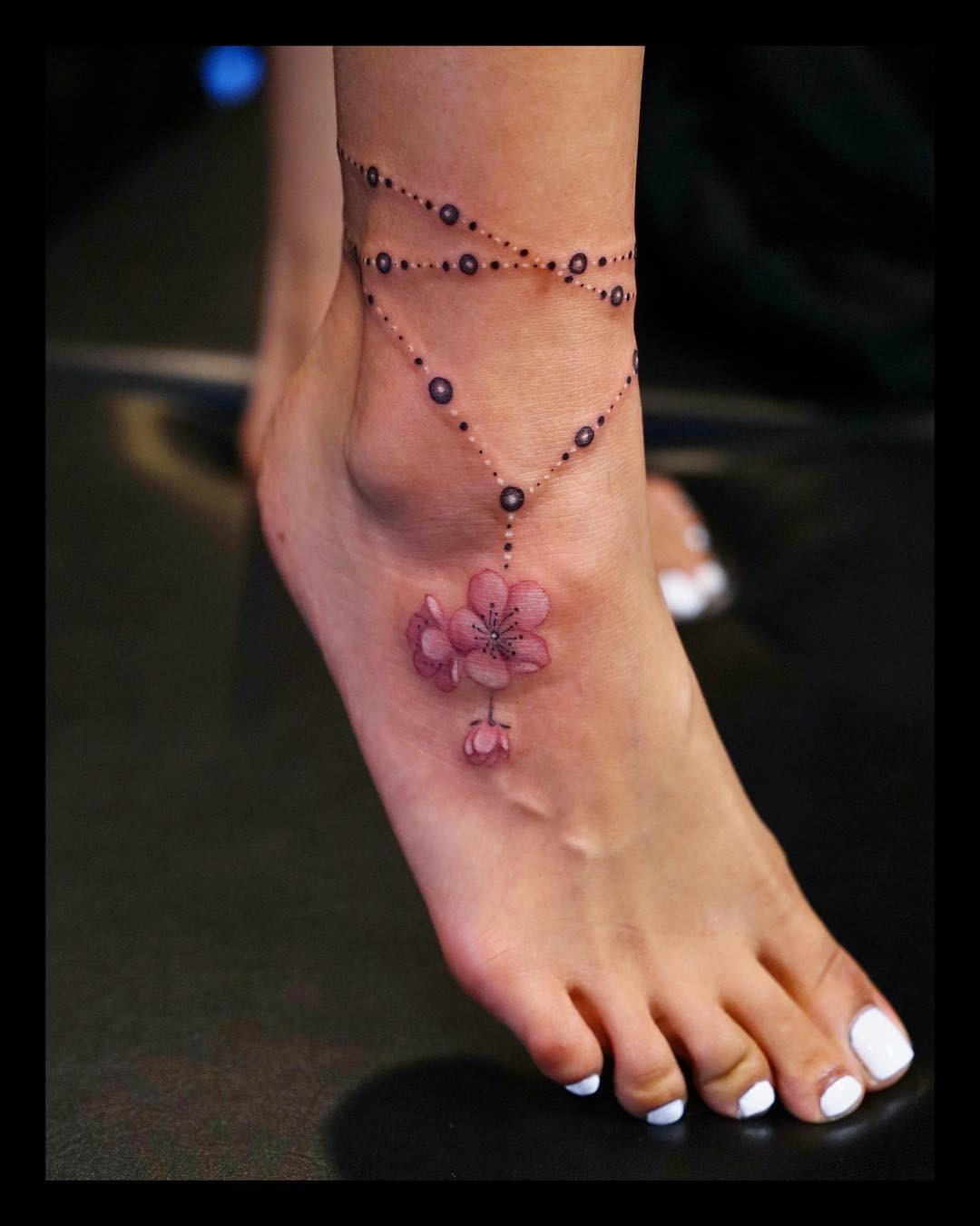 Cherry Blossom Anklet Tattoo with Beaded Chains Tattoo Design