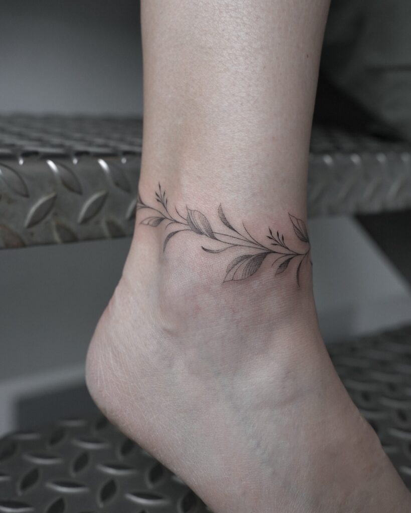 Fine Line Leafy Anklet Tattoo Tattoo Design