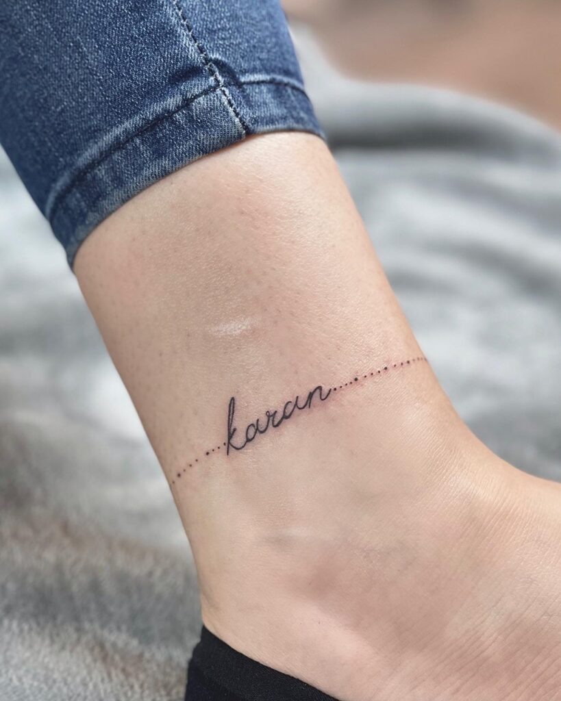 Name Anklet Tattoo with Dot Chain Tattoo Design