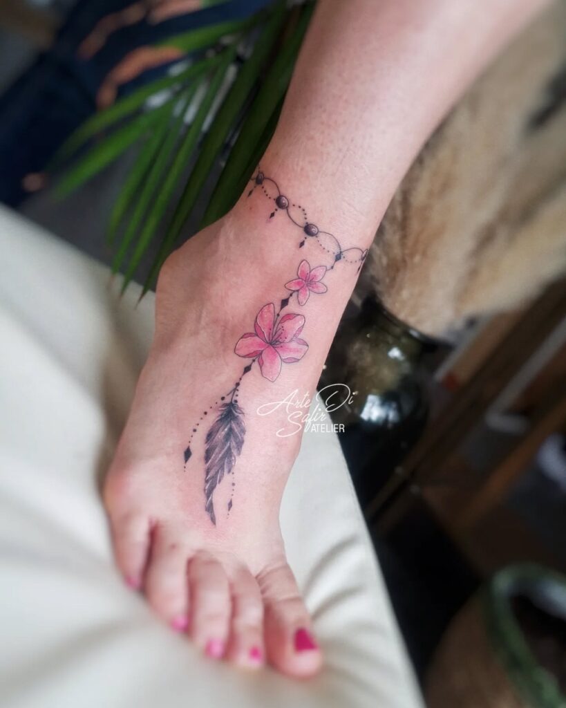 Pink Blossom and Feather Anklet Tattoo Tattoo Design
