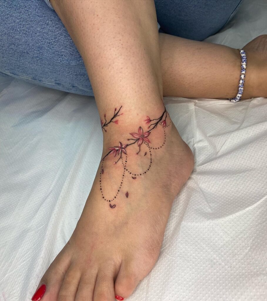 Pink Floral Anklet Tattoo with Dotted Chains Tattoo Design