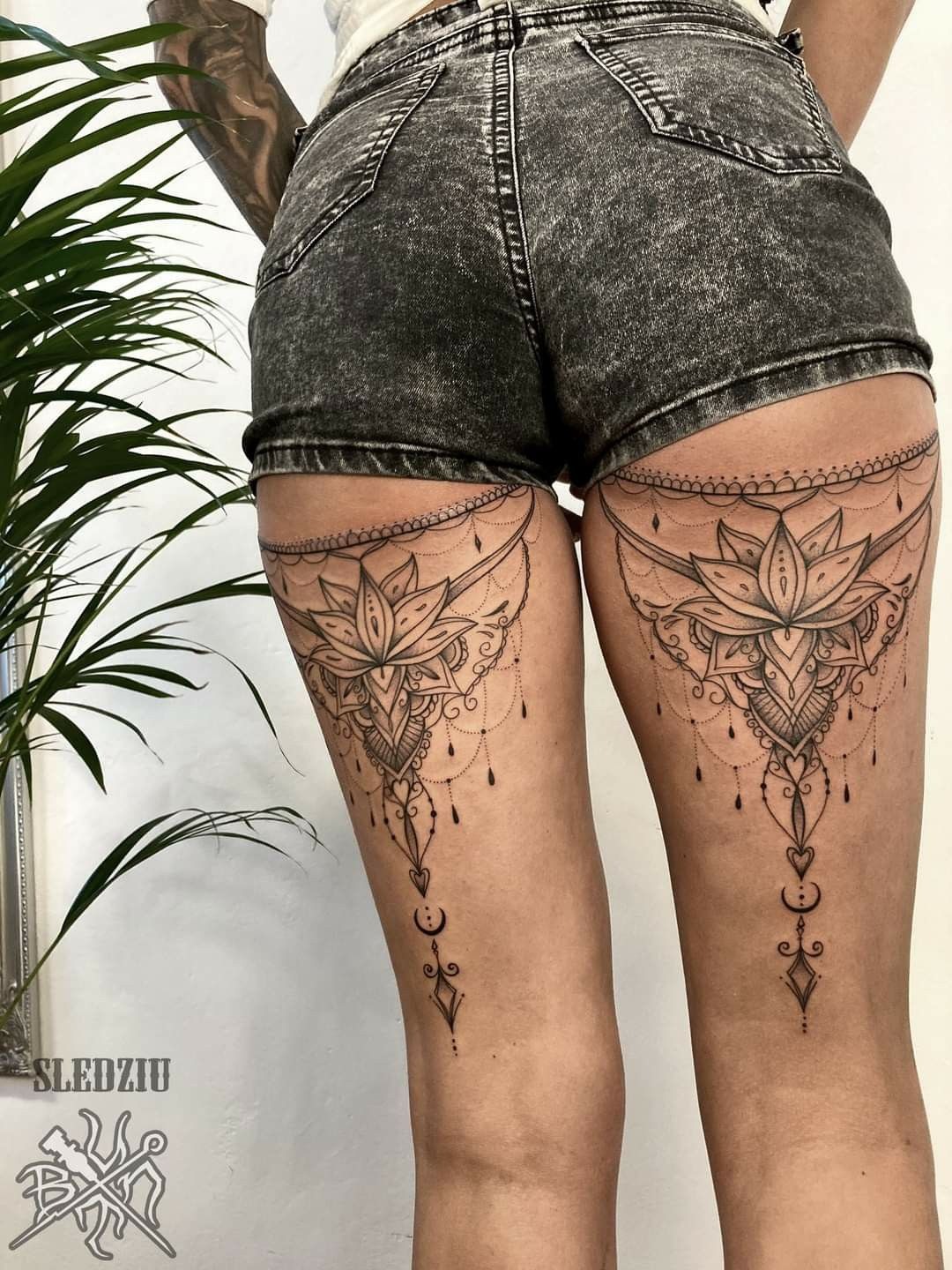 Romantic Floral Back of Thigh Statement Tattoo Design