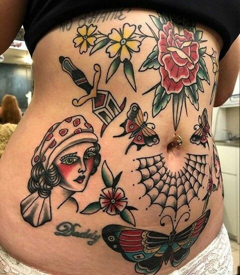 Vintage Patchwork Belly Composition Tattoo Design
