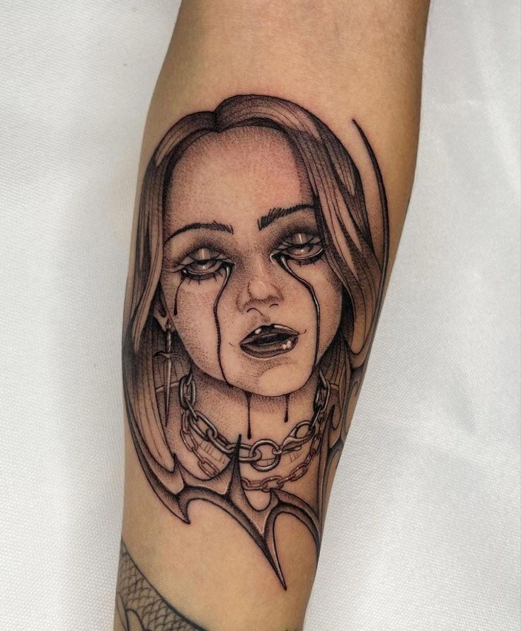 Chains and Sorrow: Gothic Billie with Depth Tattoo Design