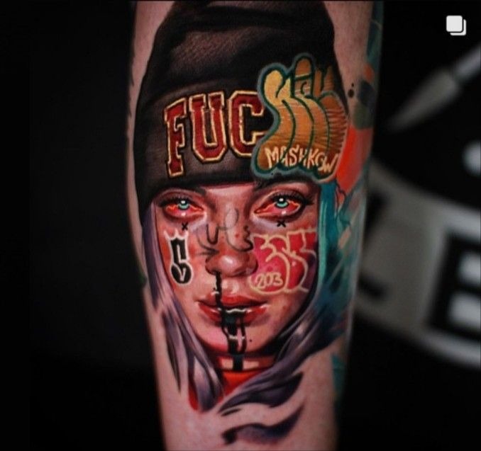 Graffiti Pop Realism: Billie in Full Color Chaos Tattoo Design