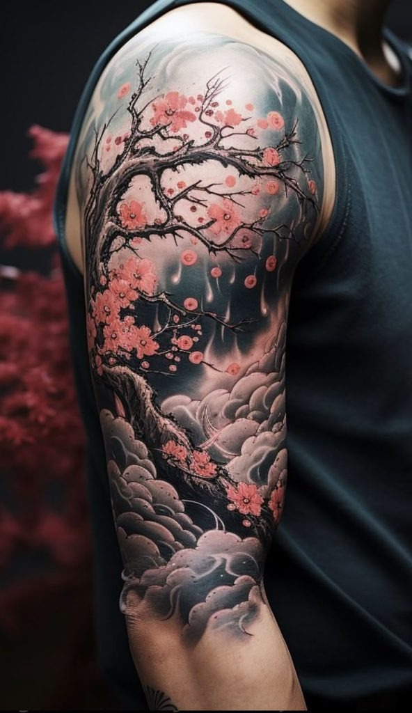 Dark and Mysterious Cherry Blossom Sleeve Tattoo Tattoo Design