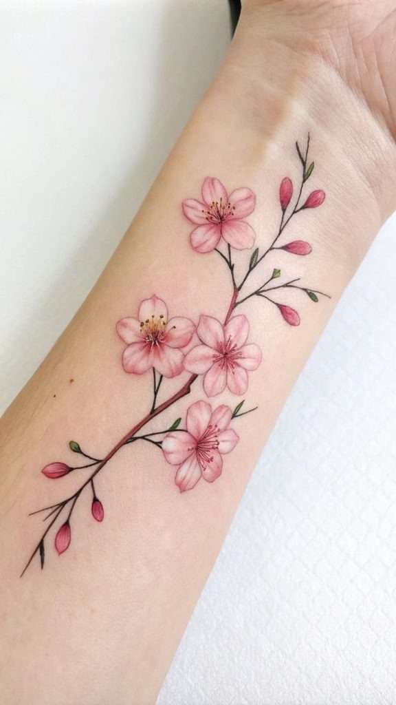 Delicate Wrist Cherry Blossom Vine Tattoo Design