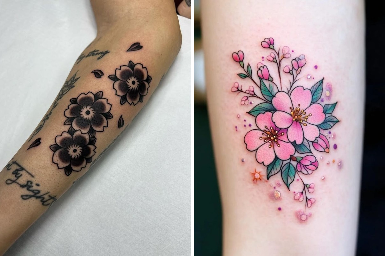 23+ Small Cherry Blossom Tattoo Ideas For Sleeve Arm Back Thigh with Meaning Minimalist and Japanese Design Featured Lookbook Collage