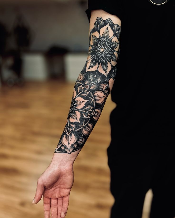 Geometric and Floral Fusion Sleeve Tattoo Design