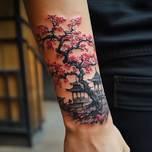 Japanese-Inspired Cherry Blossom with Pagoda Scene Tattoo Design