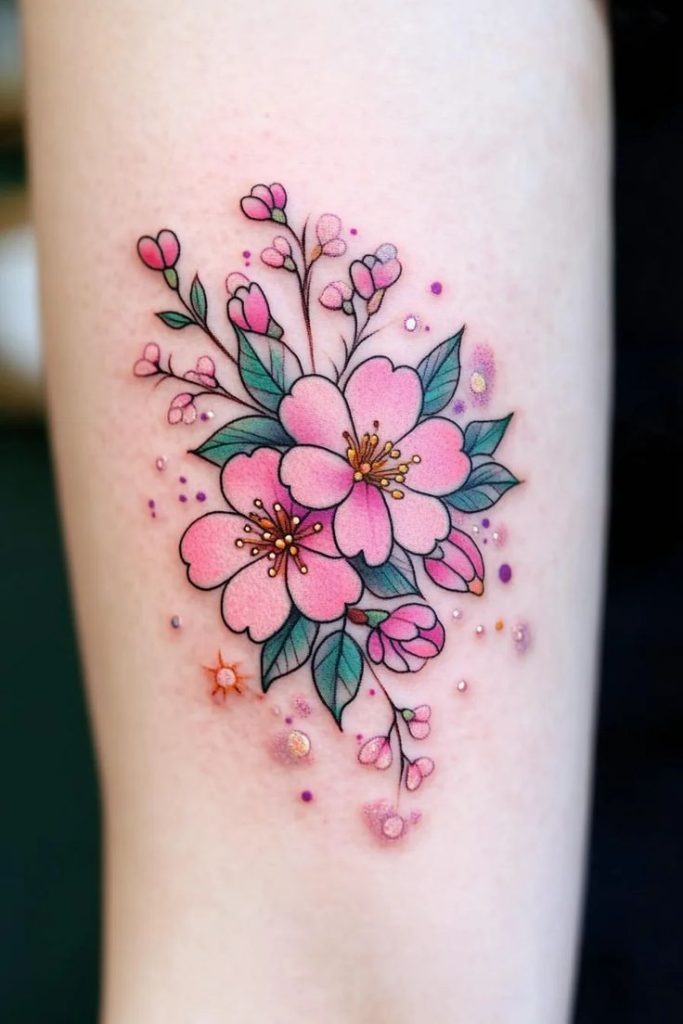 Playful and Colorful Cherry Blossom Bouquet Tattoo Design