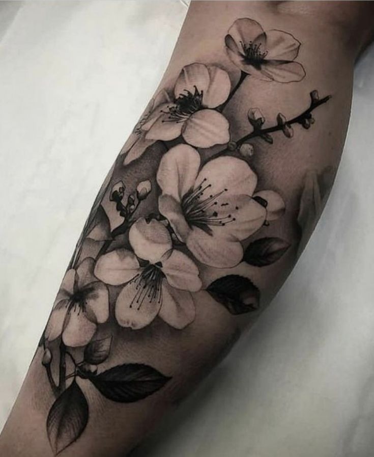 Realistic Cherry Blossom Forearm Sleeve Tattoo Design