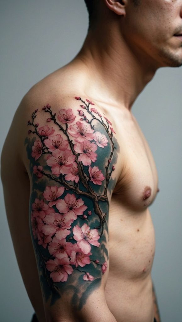 Stunning Shoulder and Arm Sleeve Cherry Blossom Tattoo Tattoo Design
