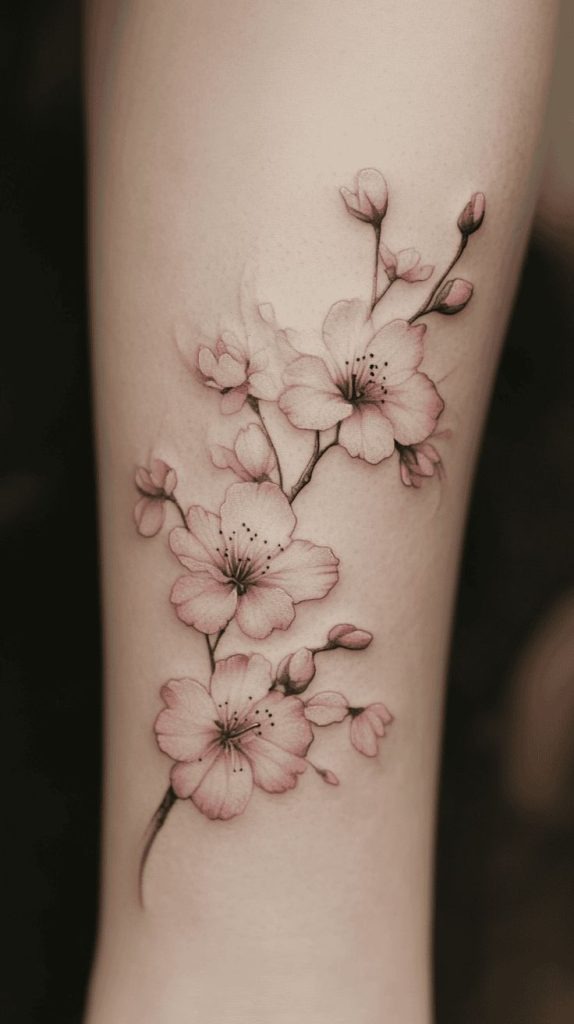 Subtle and Elegant Watercolor Cherry Blossoms Tattoo Design