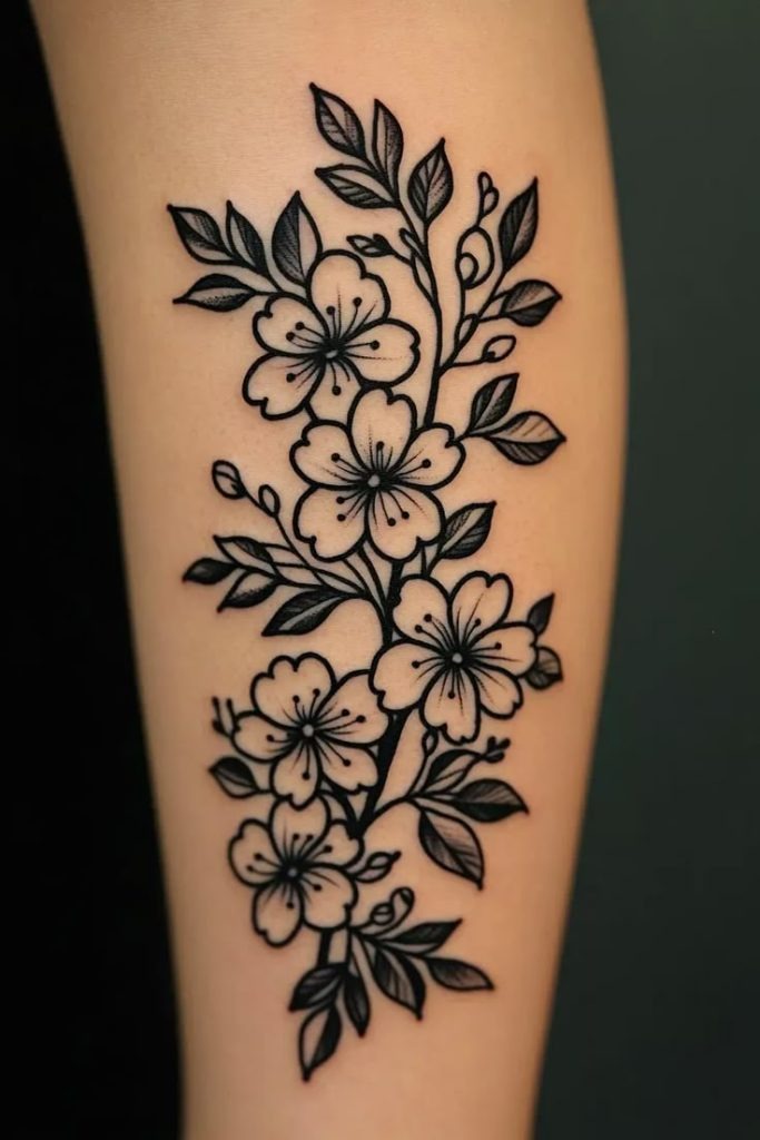 Traditional Black Ink Cherry Blossom Cluster Tattoo Design