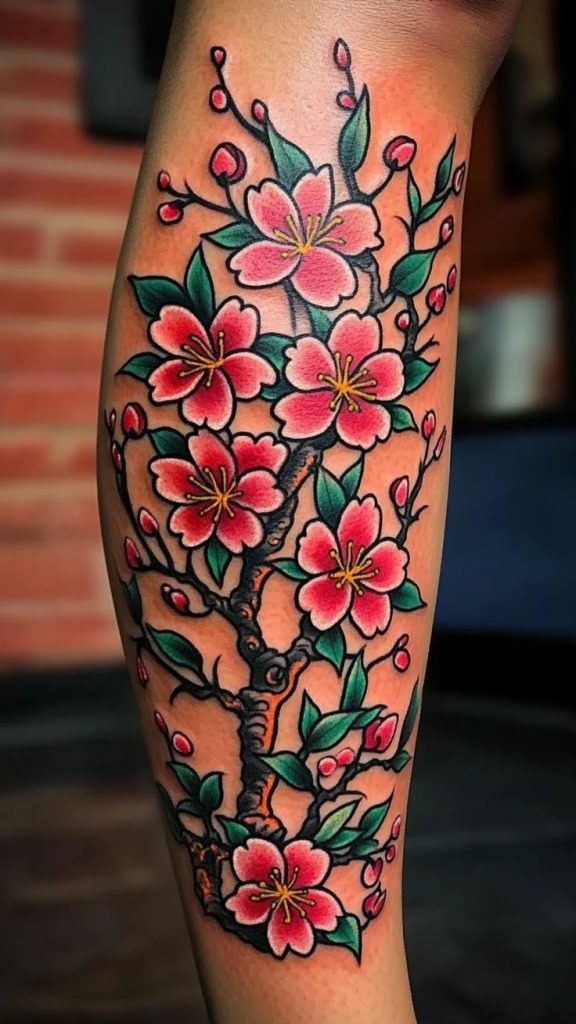 Vibrant and Bold Leg Cherry Blossom Tattoo Tattoo Design