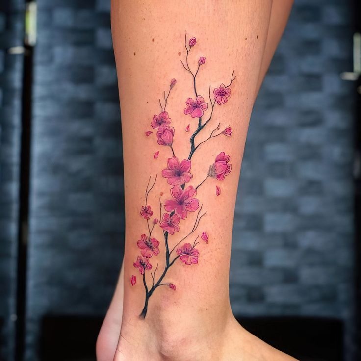 Vibrant Pink Cherry Blossom Ankle Tattoo Tattoo Design