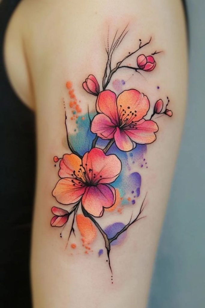 Watercolor Cherry Blossom Tattoo with Artistic Flair Tattoo Design