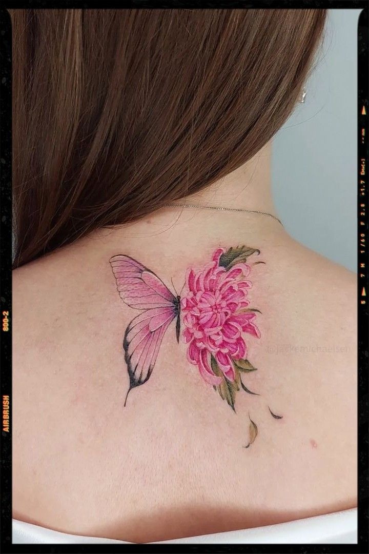 Butterfly Meets Bloom Back Piece Tattoo Design