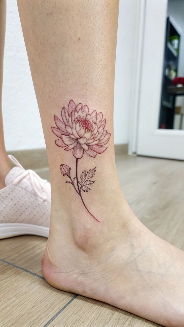 Delicate Stem Chrysanthemum on Ankle Tattoo Design