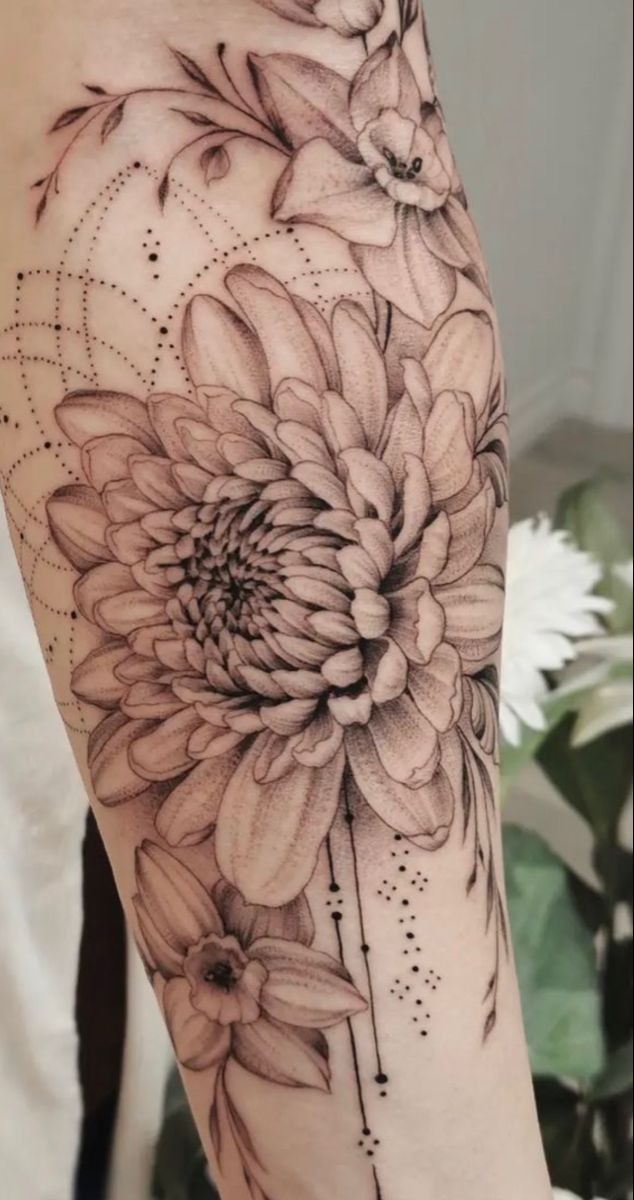 Dotwork Florals with Daffodil Detail Tattoo Design