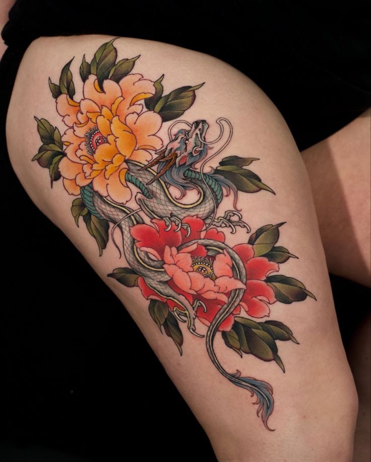 Dragon and Chrysanthemum Fusion Tattoo Design