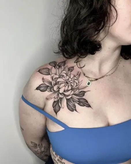 Shoulder-Spanning Bold Chrysanthemum Tattoo Design