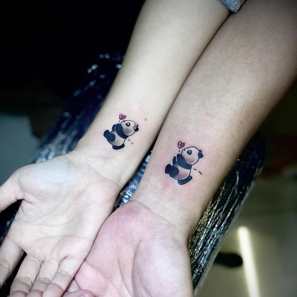 Cute Panda Couple Tattoos with Hearts Tattoo Design