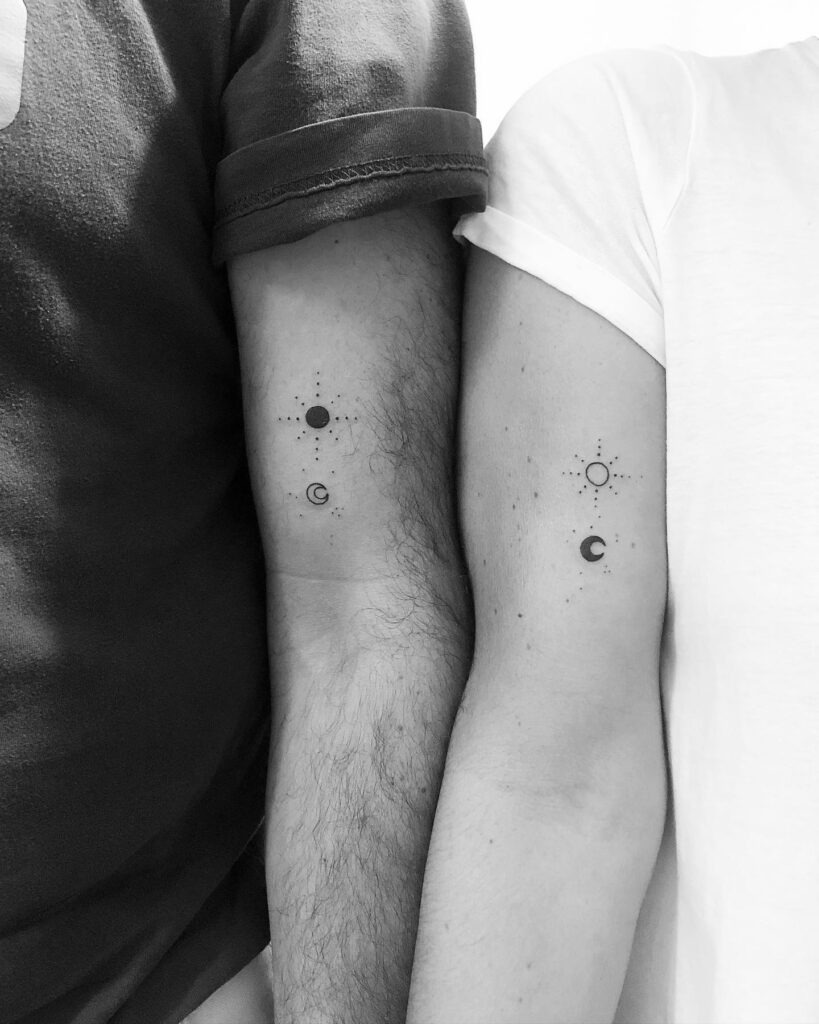 Geometric Sun and Moon Couple Tattoos Tattoo Design