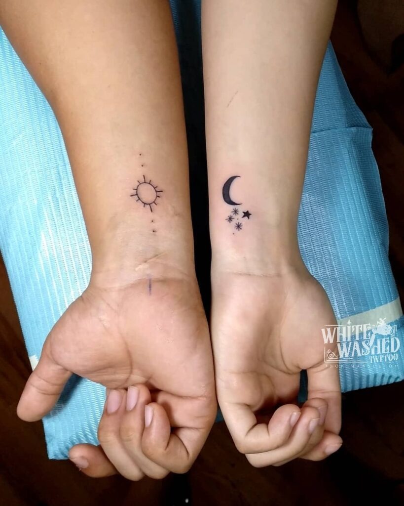 Sun and Moon with Stars Couple Tattoos Tattoo Design