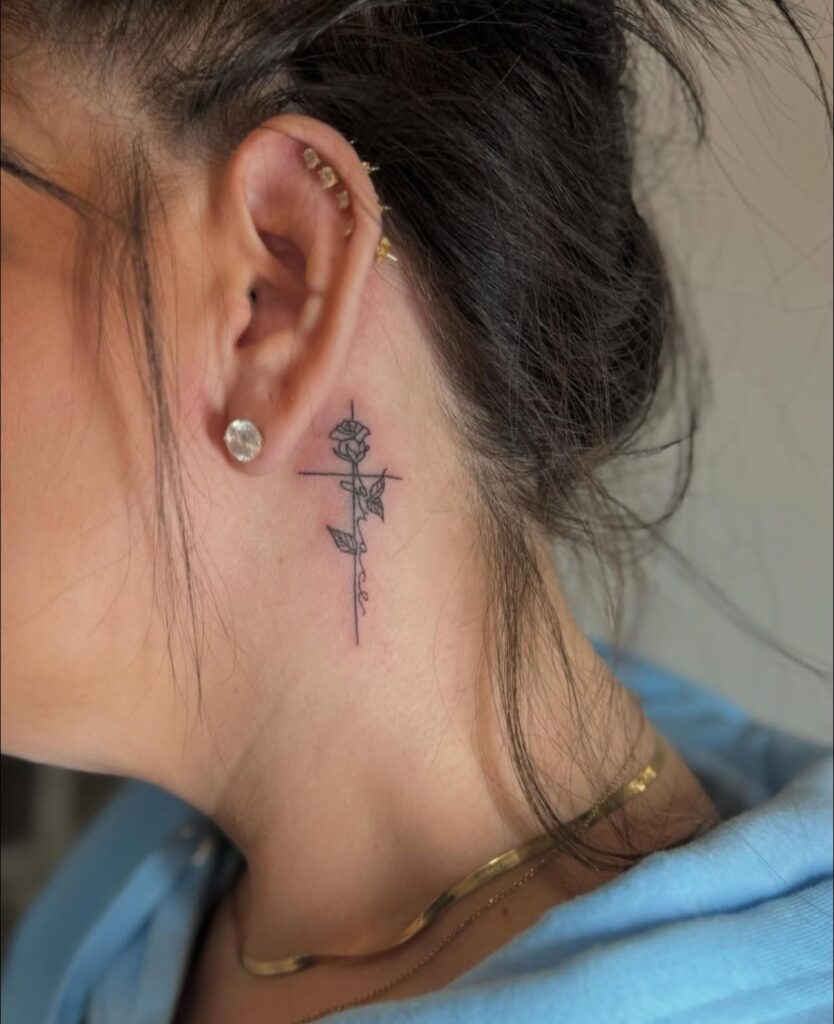 Cross and Rose Behind the Ear Tattoo Design