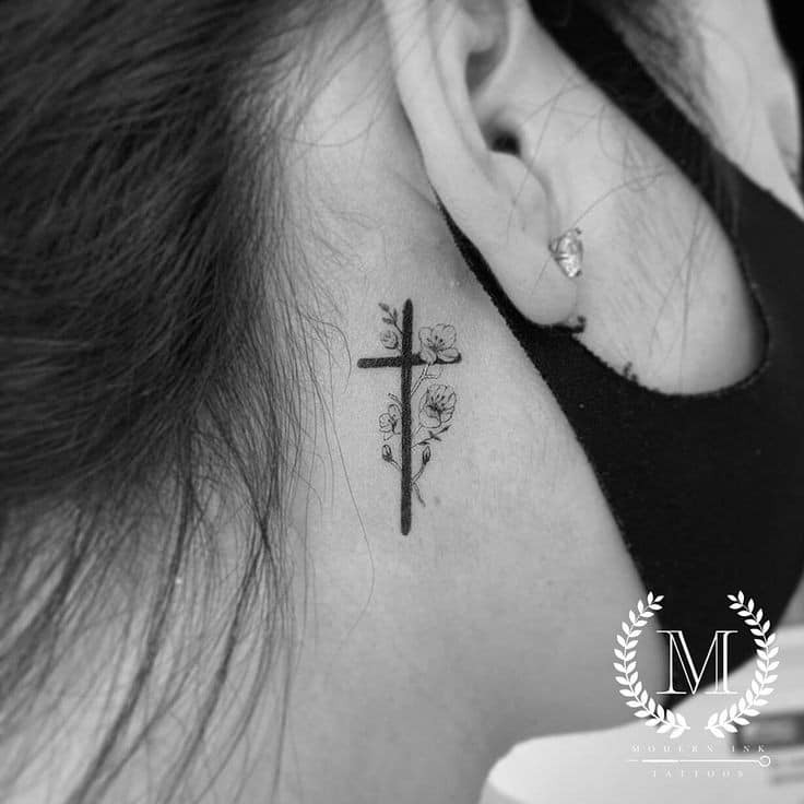 Cross with Blooming Roses Behind the Ear Tattoo Design