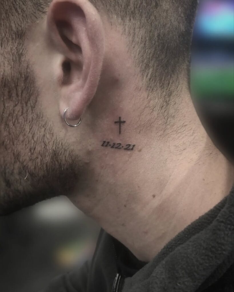 Cross with Date Behind Ear Tattoo Tattoo Design