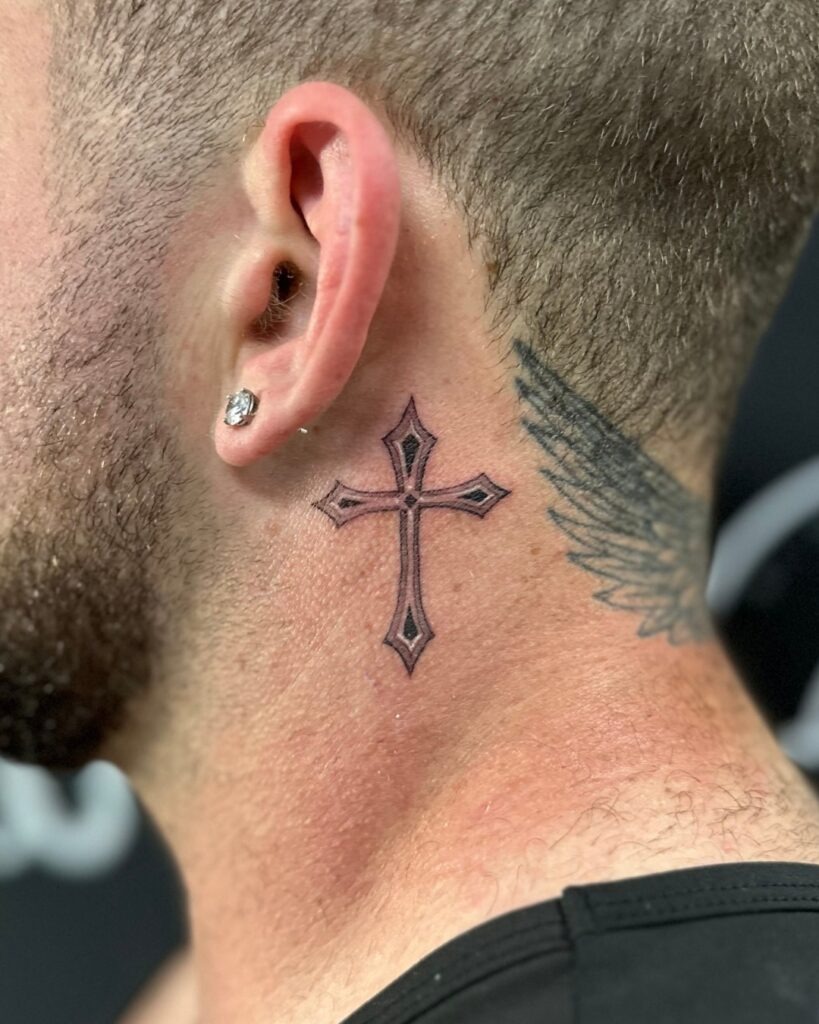 Detailed Black Cross Behind Ear Tattoo Tattoo Design