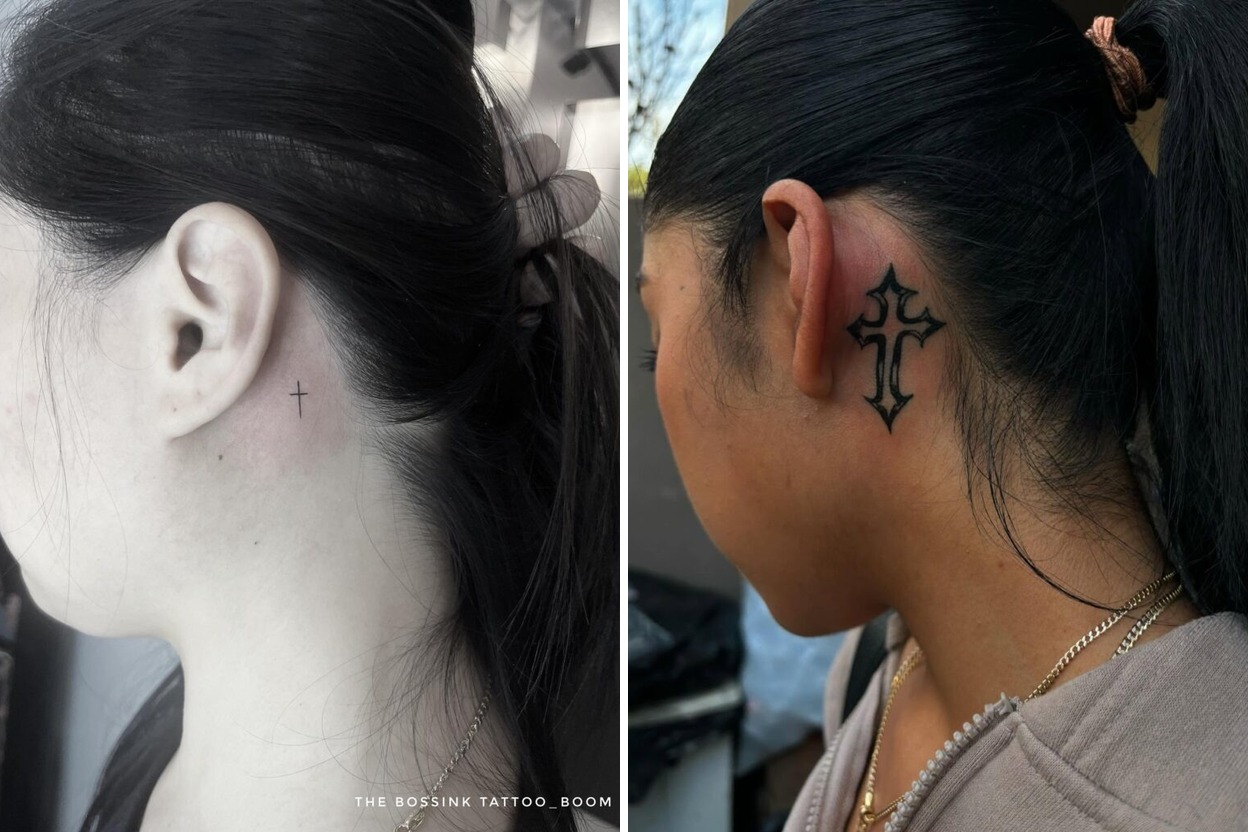 42+ Small Cross Behind The Ear Tattoo Ideas & Inspiration Featured Lookbook Collage