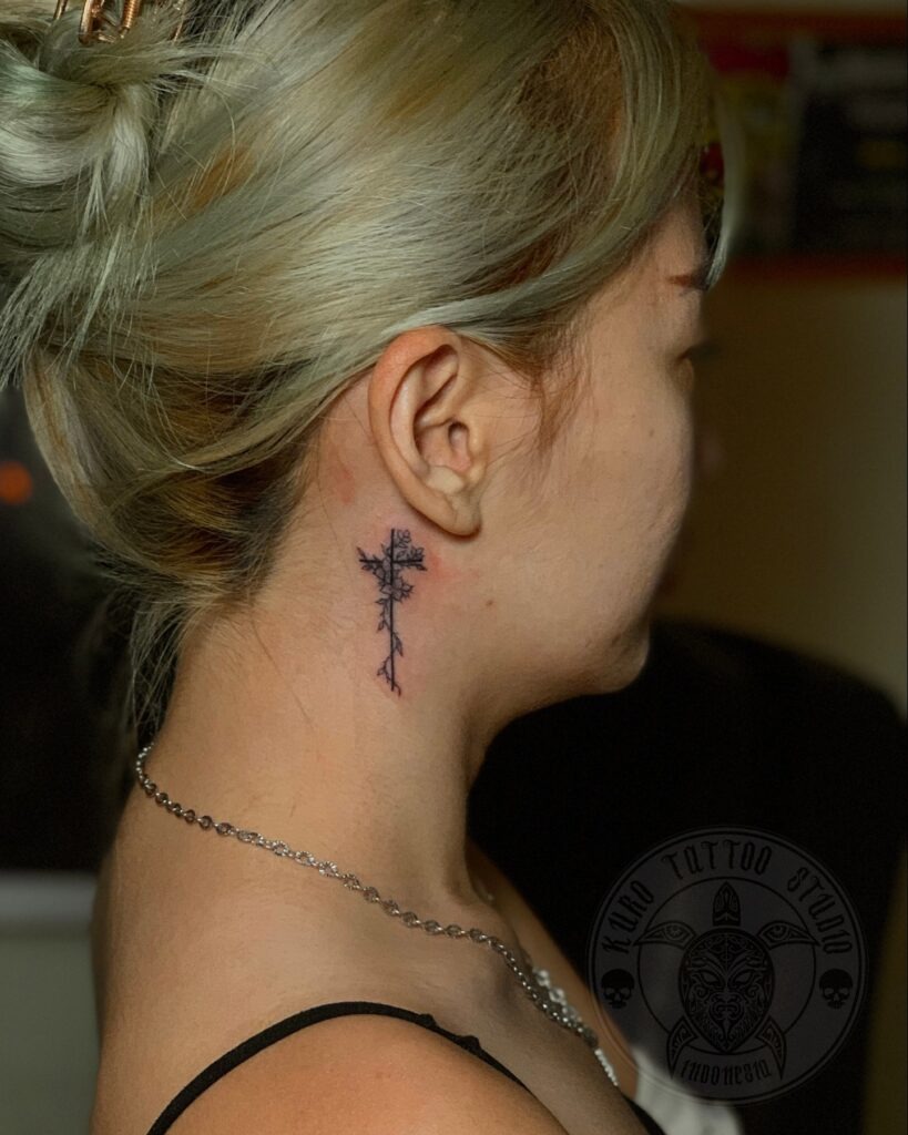 Floral Cross Behind Ear Tattoo Tattoo Design