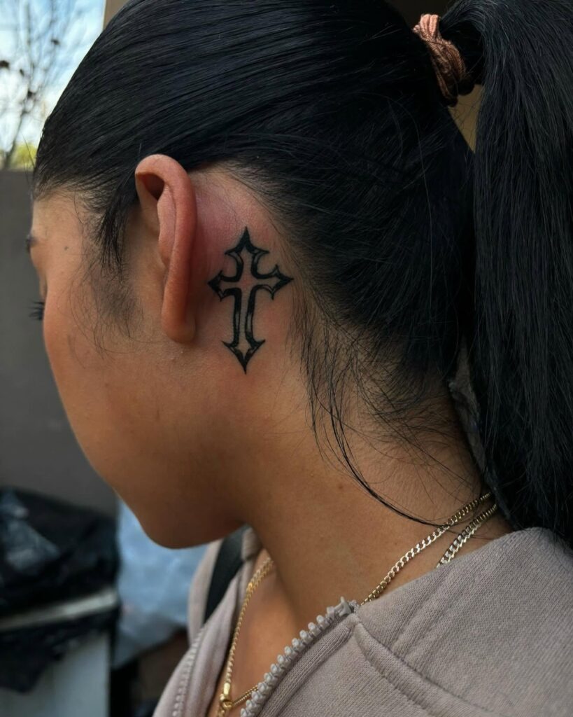 Gothic Black Cross Behind Ear Tattoo Tattoo Design