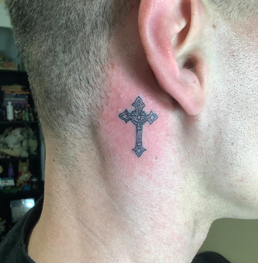 Intricate Gothic Cross Behind Ear Tattoo Tattoo Design